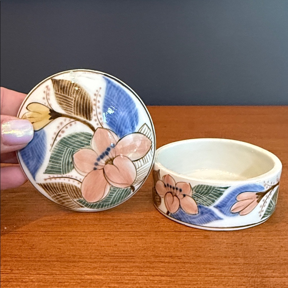 Vintage Blue and Pink Floral Ceramic trinkets jewelry hand painted Box